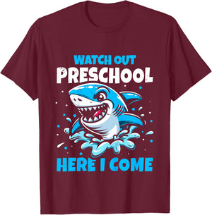 Kids Back To School Watch Out Preschool Here I Come Shark Boys T-Shirt - T-Shirt | Maroon