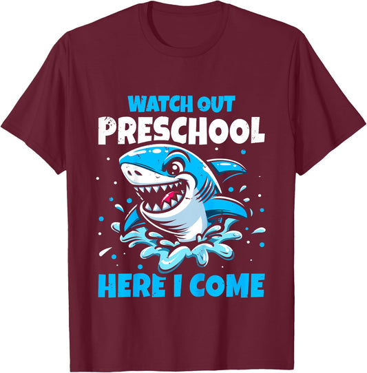 Kids Back To School Watch Out Preschool Here I Come Shark Boys T-Shirt - T-Shirt | Maroon