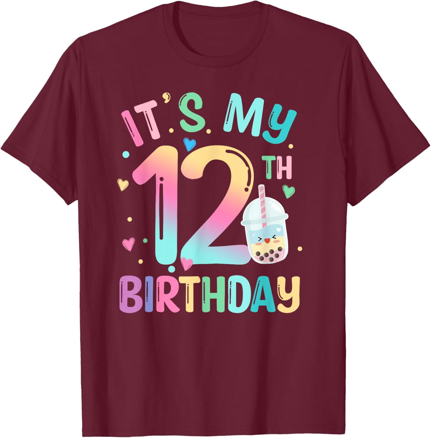 It's My 12th Birthday Bubble Boba Tea Party 12 Year Old Girl T-Shirt - T-Shirt | Maroon