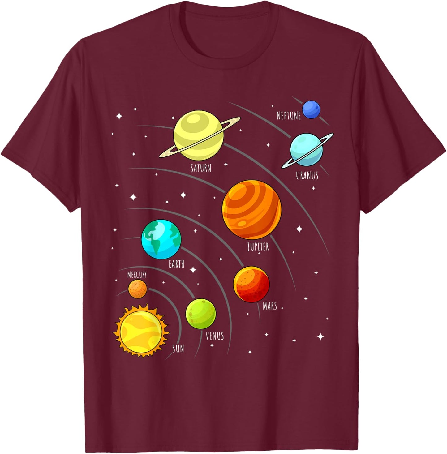 Kids Colorful Planets Solar Systems Space Science Boys Girls T-Shirt - T-Shirt | Maroon
