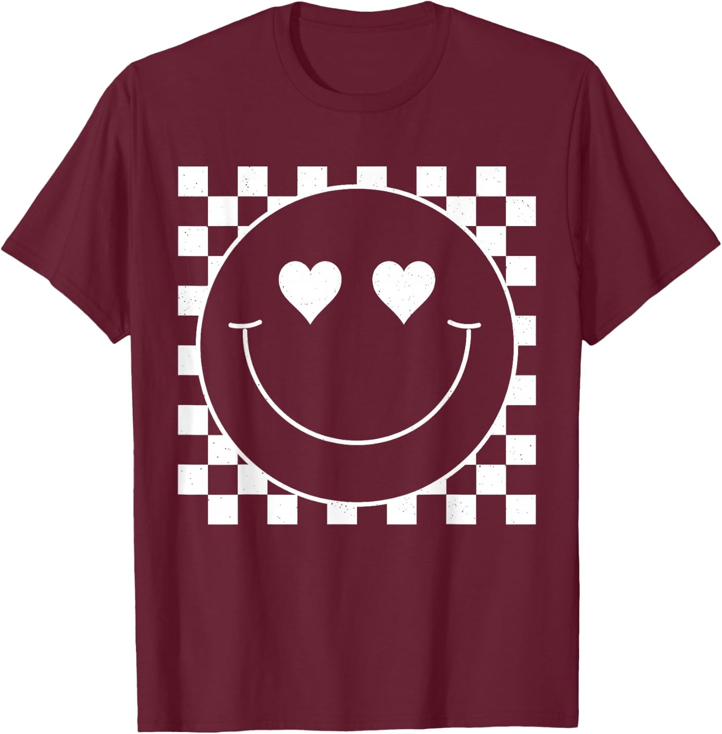 White Checkered 80s Heart Eyes Smile Face Shirt Happy Face T-Shirt - T-Shirt | Maroon