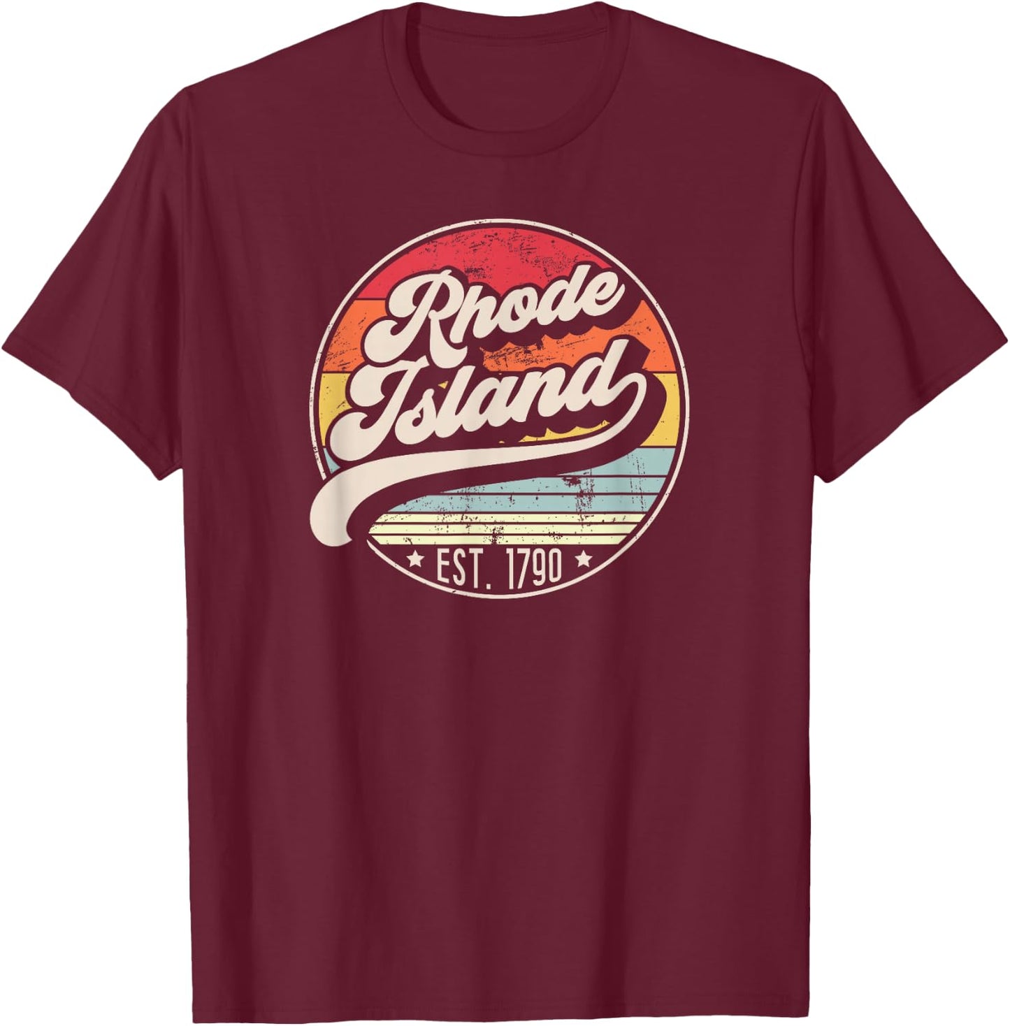 Retro Rhode Island Home State RI Cool 70s Style Sunset T-Shirt - T-Shirt | Maroon