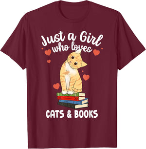 Just a Girl Who Loves Cats and Books Reading Cat & Bookworm T-Shirt - T-Shirt | Maroon