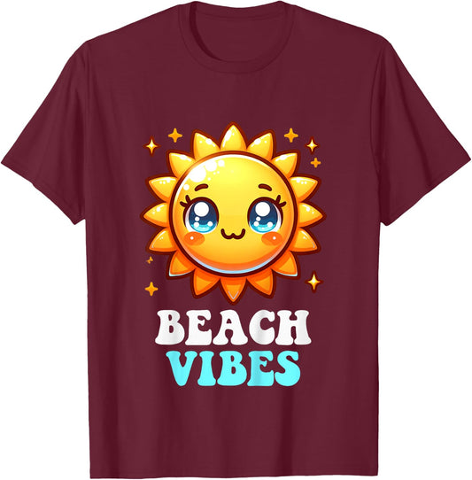Beach Vibes Cute Kawaii Sun Sunshine Summer Toddler Girls T-Shirt - T-Shirt | Maroon