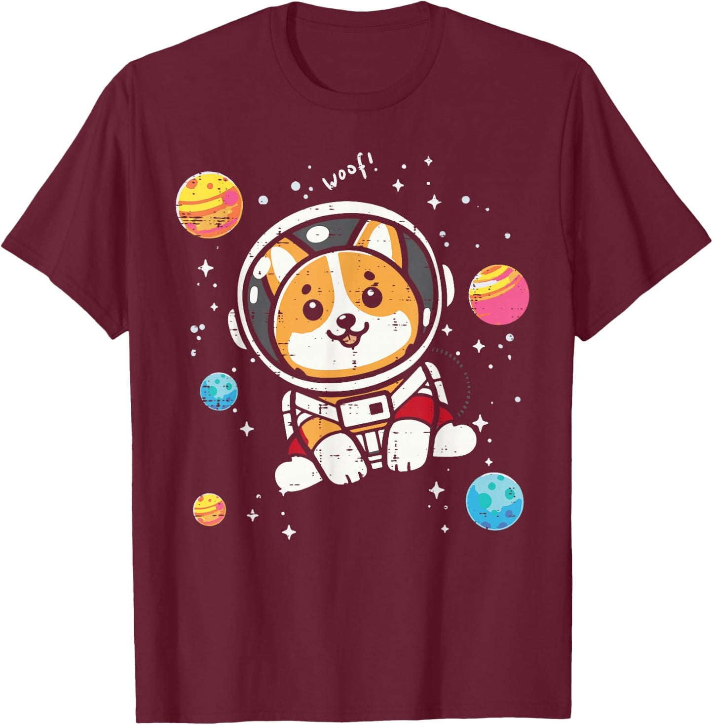 Astronaut Dog Welsh Corgi Woof Space Galaxy Men Women Kids T-Shirt - T-Shirt | Maroon