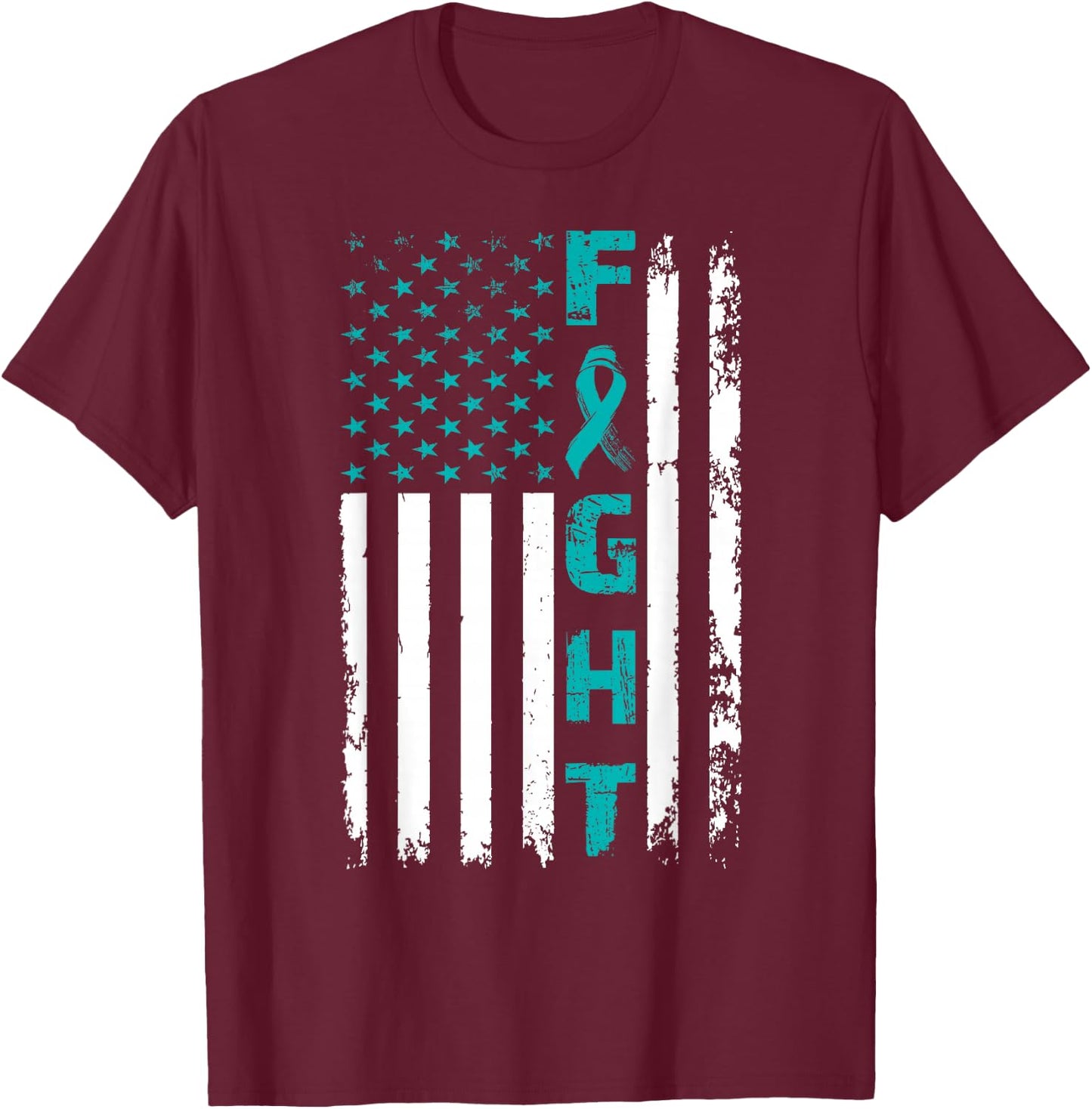 Fight Ovarian Cancer American Flag Awareness Survivor T-Shirt - T-Shirt | Maroon