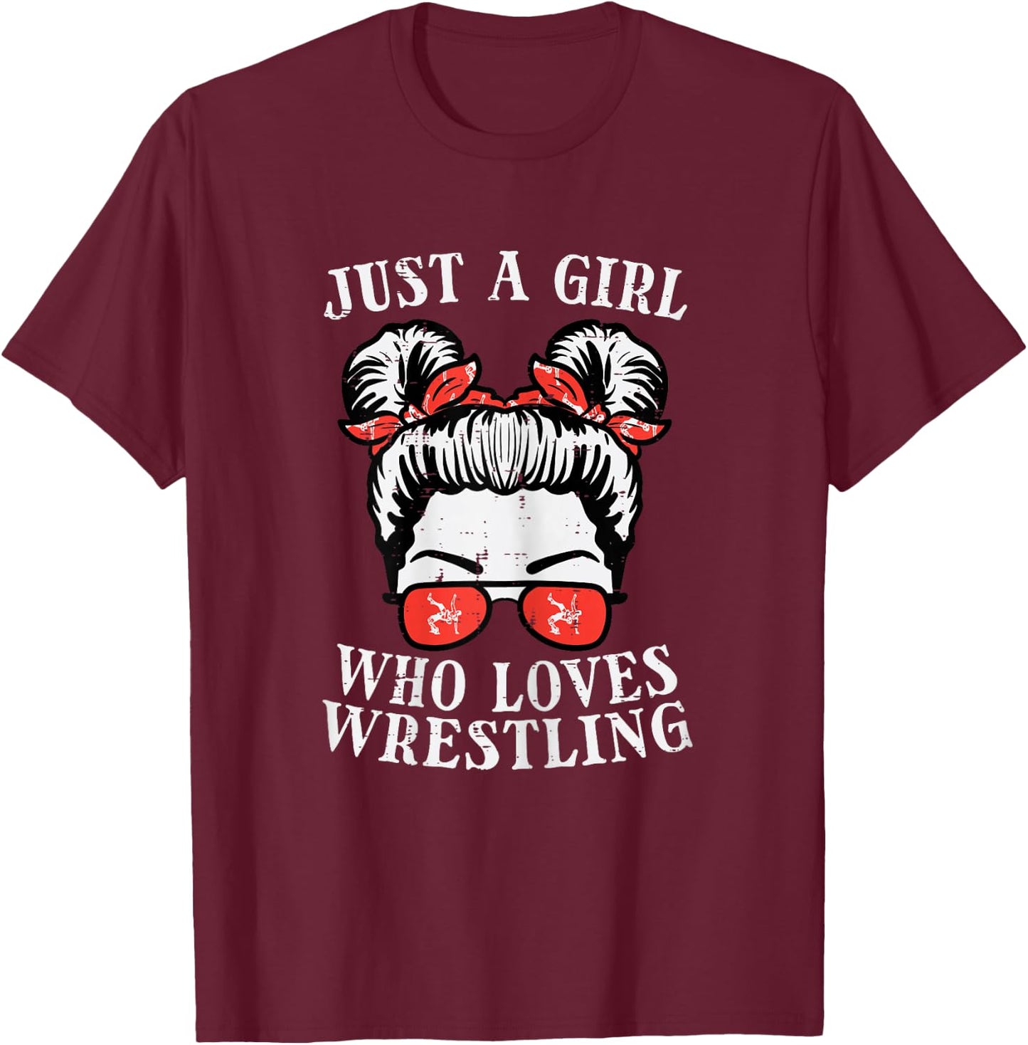 Just Girl Who Loves Wrestling Messy Bun Wrestler Women Kids T-Shirt - T-Shirt | Maroon
