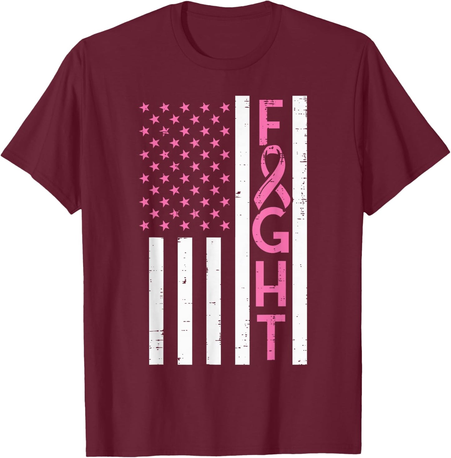 US Flag Pink Ribbon Fight Breast Cancer Awareness Patriotic T-Shirt - T-Shirt | Maroon