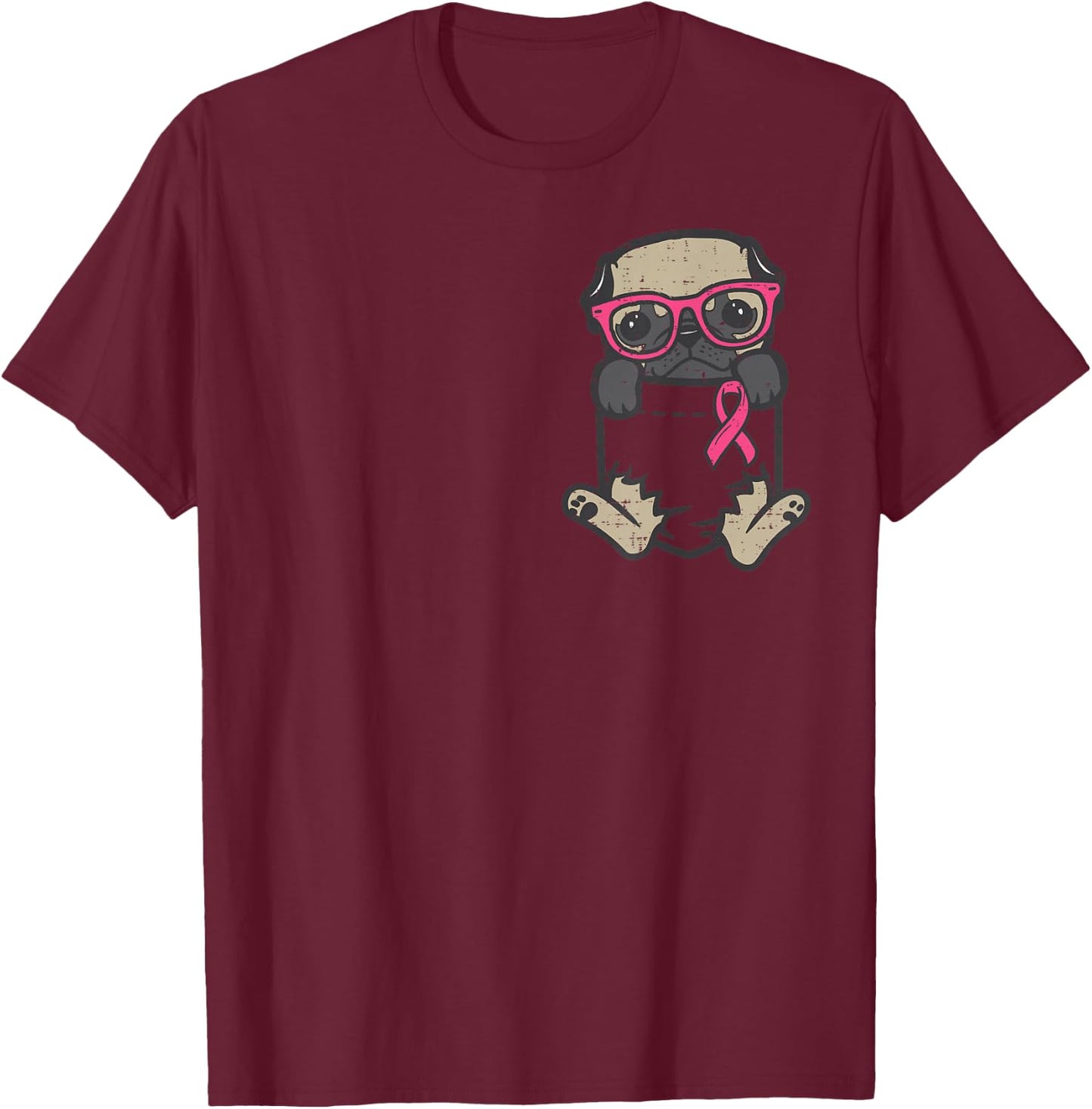 Pocket Pug Dog Pink Ribbon Breast Cancer Awareness Dog T-Shirt - T-Shirt | Maroon