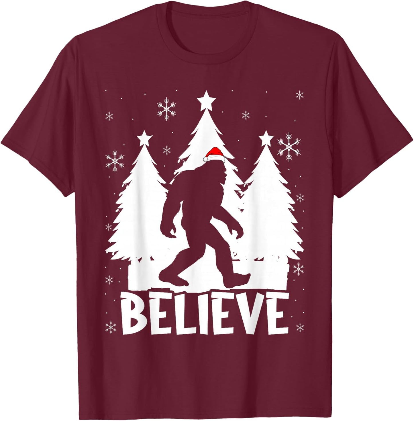 Believe In Bigfoot Christmas Sasquatch Bigfoot Santa Hat T-Shirt - T-Shirt | Maroon