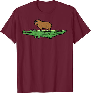 Capybara On Crocodile Capy Alligator Rodent Men Women Kids T-Shirt - T-Shirt | Maroon