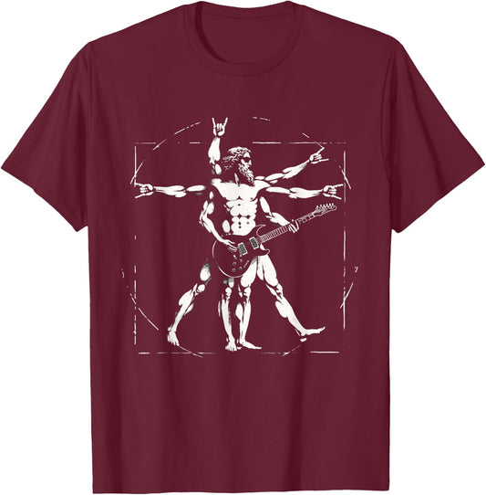 Retro Vitruvian Man Guitar Rock Men Women Funny Guitar T-Shirt - T-Shirt | Maroon
