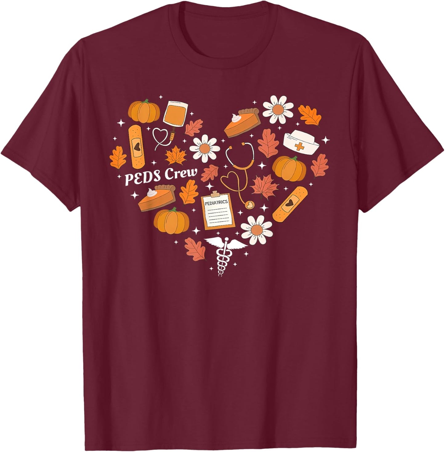 PEDS Crew Nurse Fall Heart Pediatric Pumpkin Thanksgiving T-Shirt - T-Shirt | Maroon