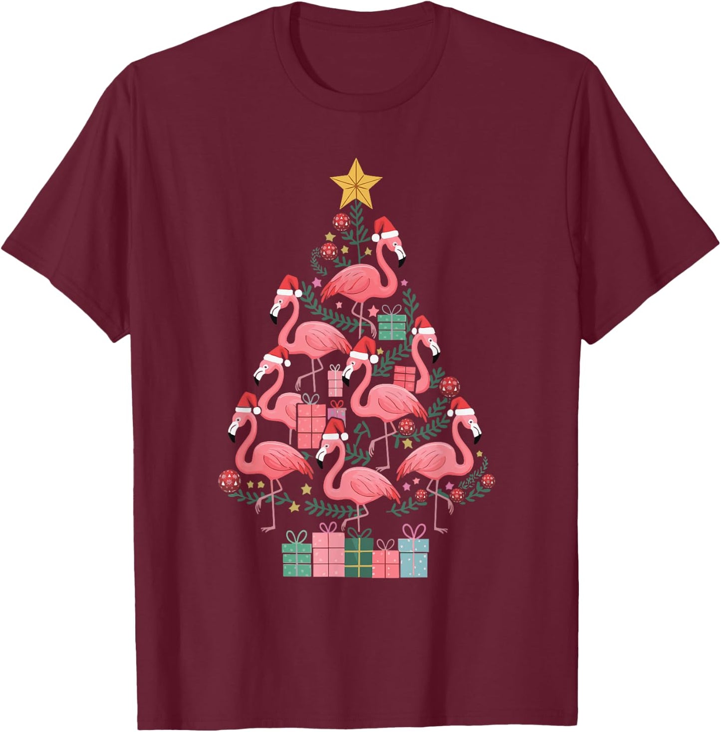 Flamingo Christmas Tree T-Shirt - T-Shirt | Maroon