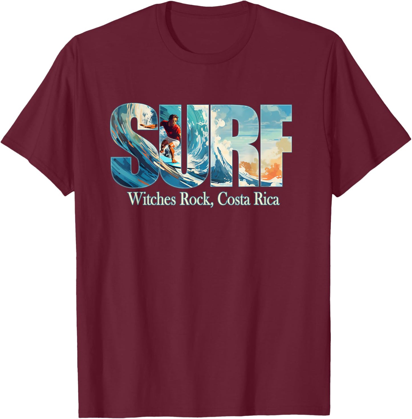 Witches Rock, Costa Rica Beach Surfing T-Shirt - T-Shirt | Maroon