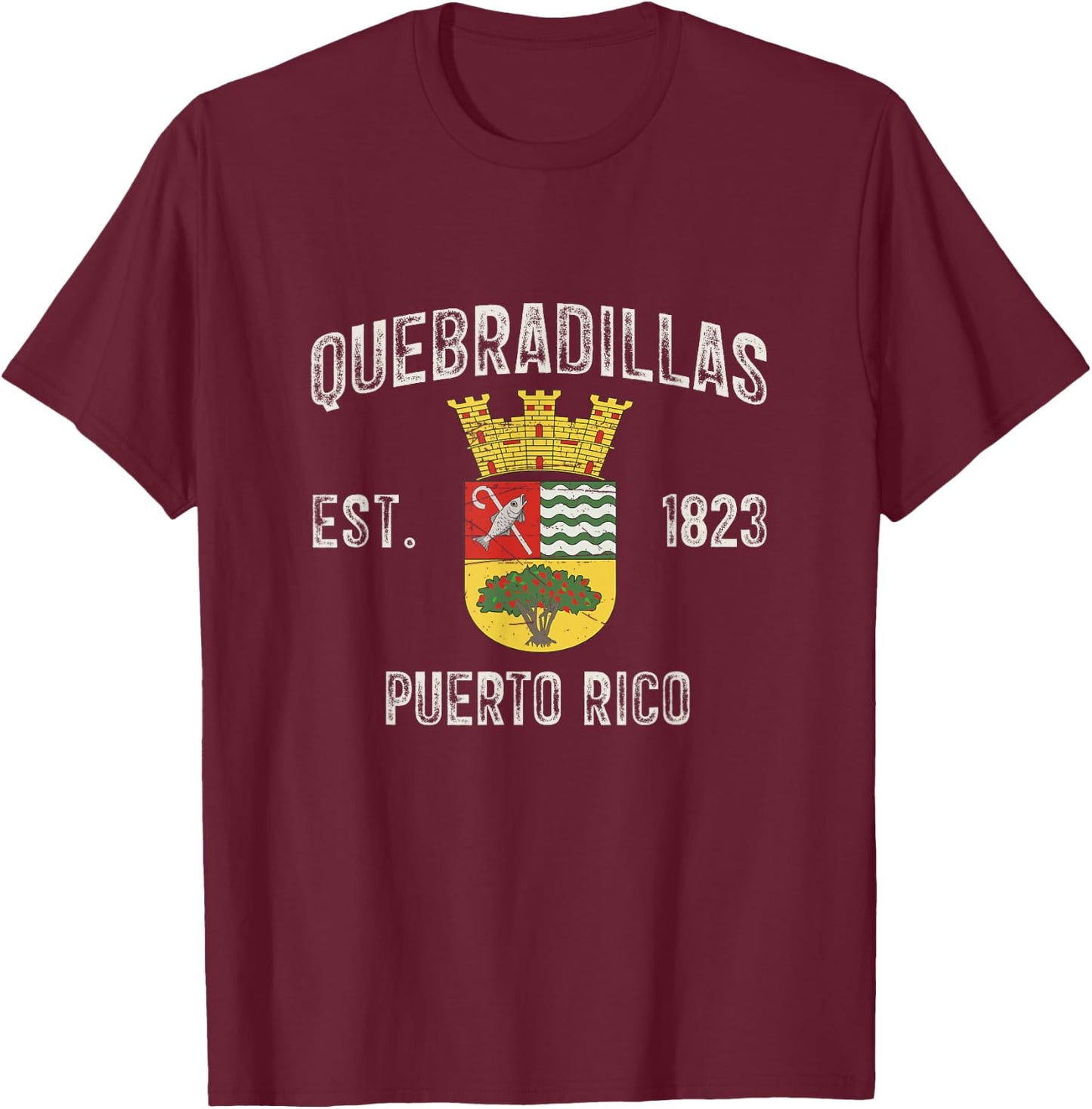 Quebradillas In Puerto Rico Est 1823, Quebradillas Armorial T-Shirt - T-Shirt | Maroon