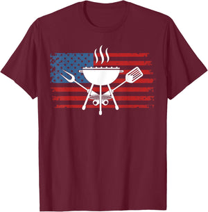 BBQ American Flag USA Barbecue Grill 4th Of July T-Shirt - T-Shirt | Maroon