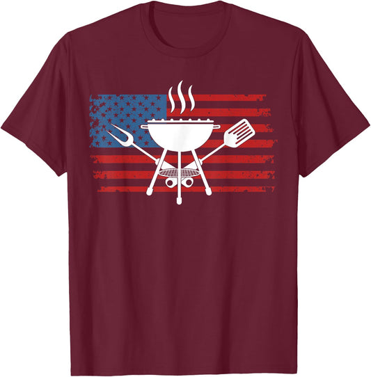 BBQ American Flag USA Barbecue Grill 4th Of July T-Shirt - T-Shirt | Maroon
