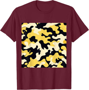 BY CRADOX CREATIVE Yellow Cream and Black Camouflage Art Pretty Pattern Camo , Small T-Shirt - T-Shirt | Maroon