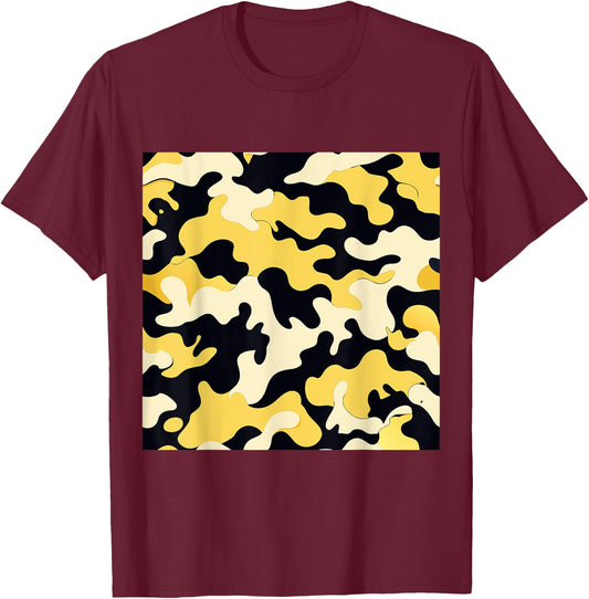BY CRADOX CREATIVE Yellow Cream and Black Camouflage Art Pretty Pattern Camo , Small T-Shirt - T-Shirt | Maroon