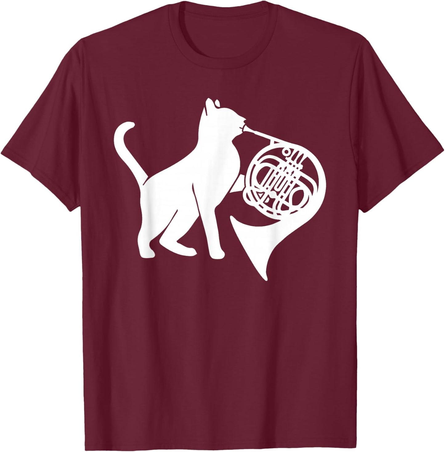 Cool Cat Playing French Horn Musician Orchestra Music T-Shirt - T-Shirt | Maroon