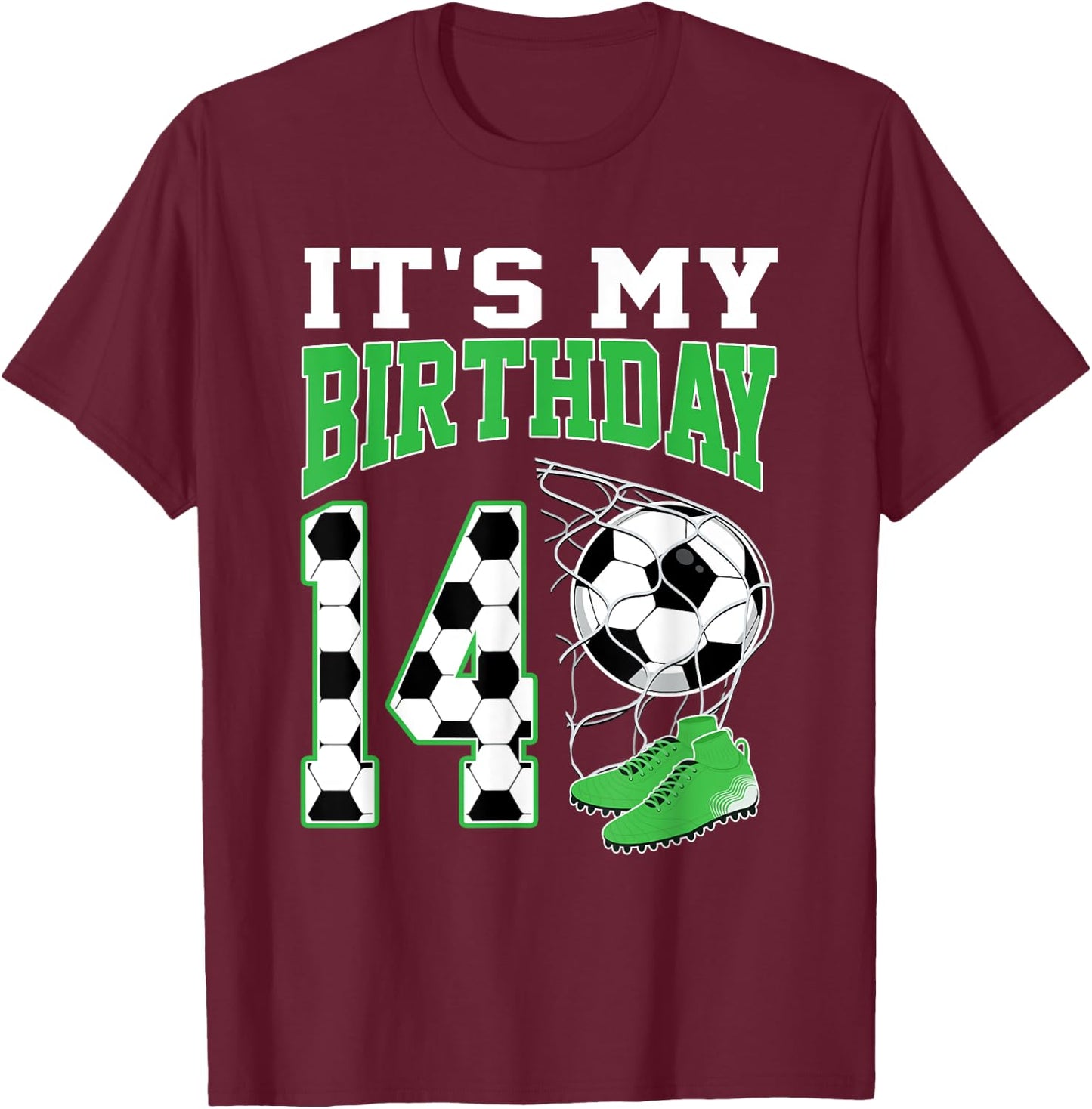 It's My 14th Birthday Soccer Party 14 Year Old Boy T-Shirt - T-Shirt | Maroon