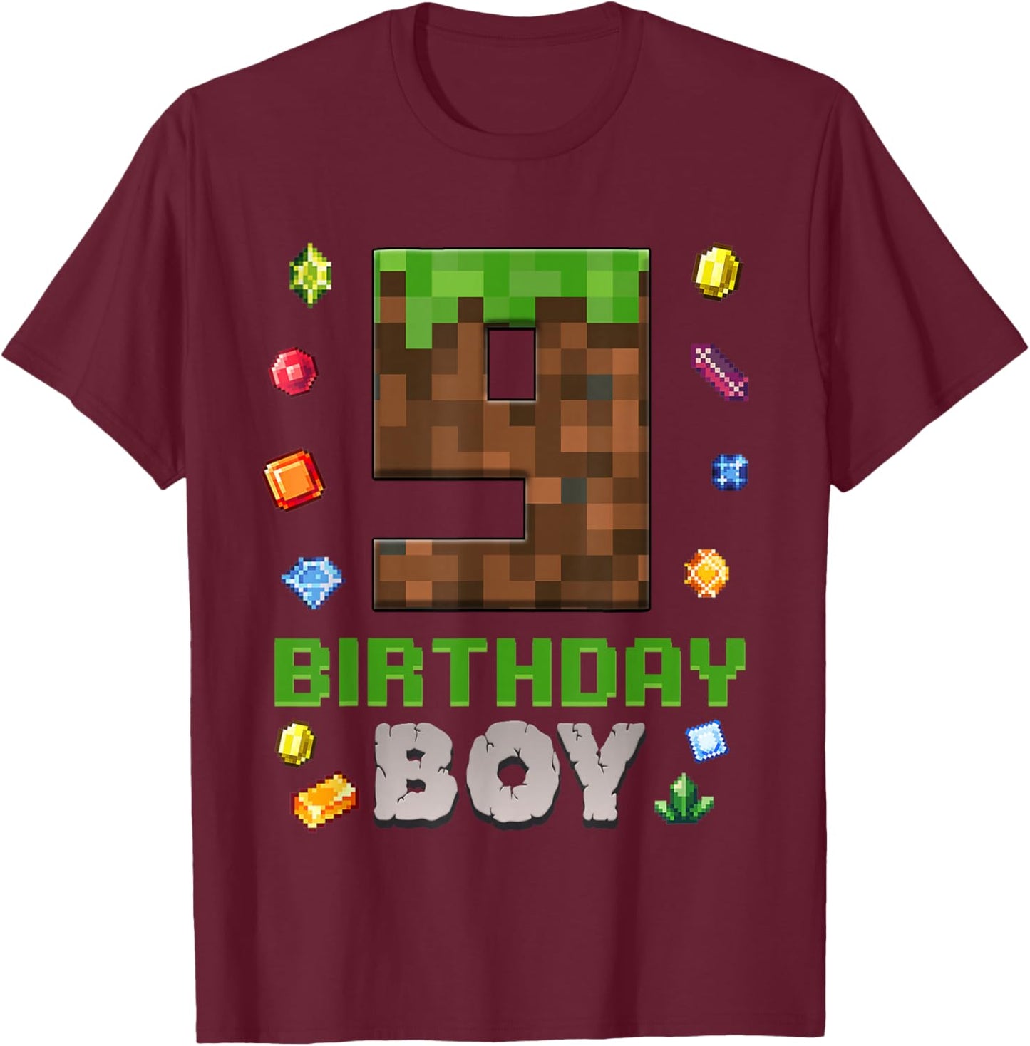 9th Birthday 9 Years Old Video Gamer Pixel Birthday Boys T-Shirt - T-Shirt | Maroon