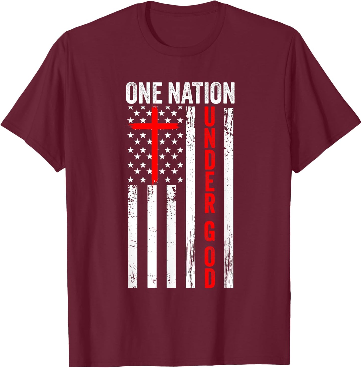 One Nation Under God USA flag Cross Jesus Christian Bible T-Shirt - T-Shirt | Maroon