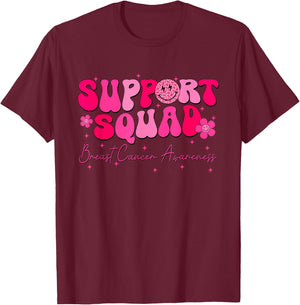 Groovy Support Squad Breast Cancer Awareness Warrior T-Shirt - T-Shirt | Maroon