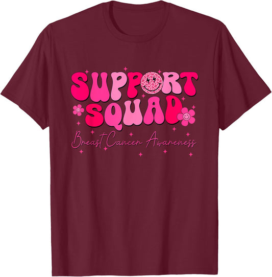 Groovy Support Squad Breast Cancer Awareness Warrior T-Shirt - T-Shirt | Maroon