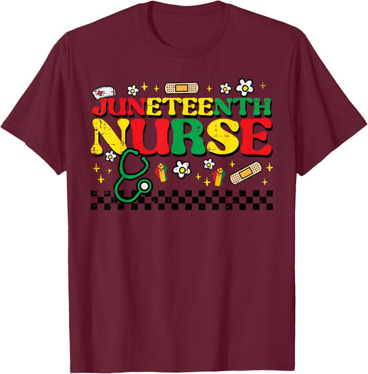 Juneteenth Nurse Groovy Retro African Scrub Top Black Women T-Shirt - T-Shirt | Maroon