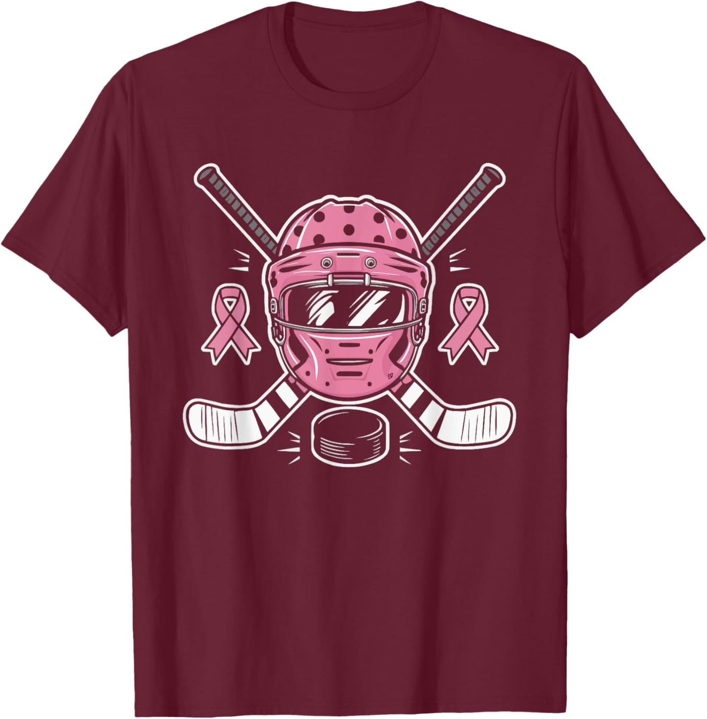Ice Hockey Breast Cancer Awareness Month Pink Ribbon T-Shirt - T-Shirt | Maroon