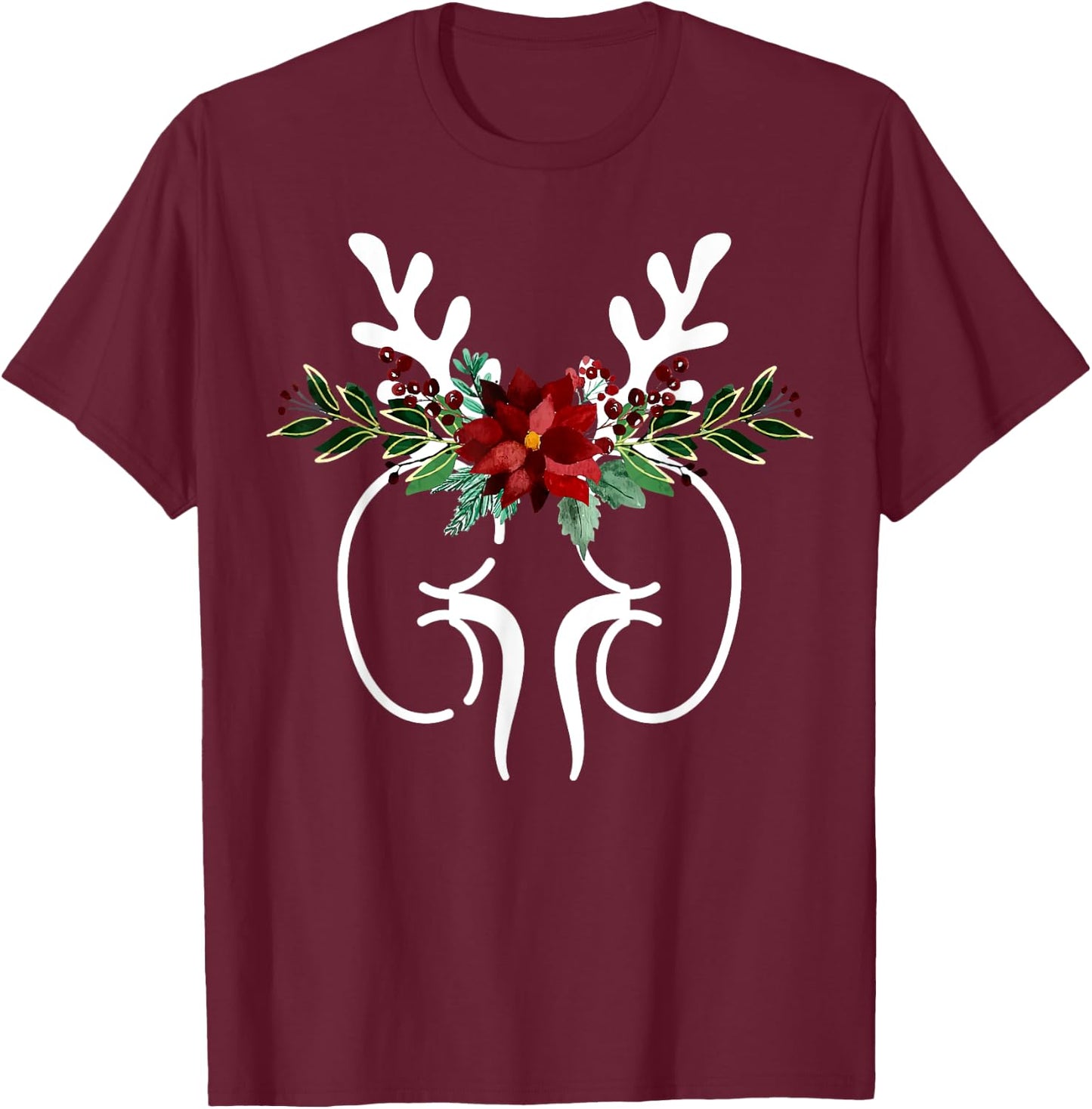 Anatomy Kidney Floral Reindeer Christmas Dialysis Nurse T-Shirt - T-Shirt | Maroon