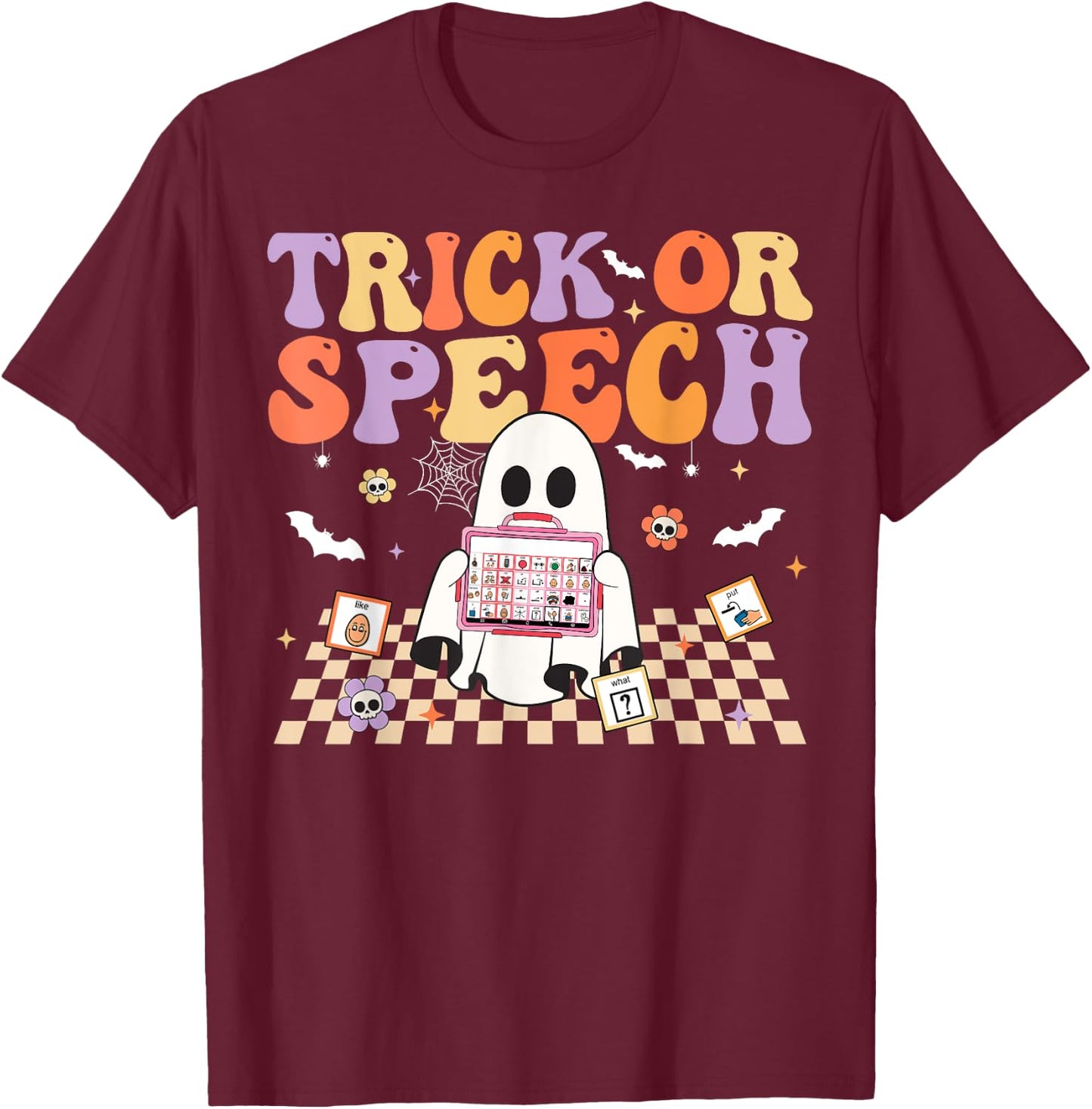 Trick or Speech Retro SLP Halloween Speech Therapy T-Shirt - T-Shirt | Maroon