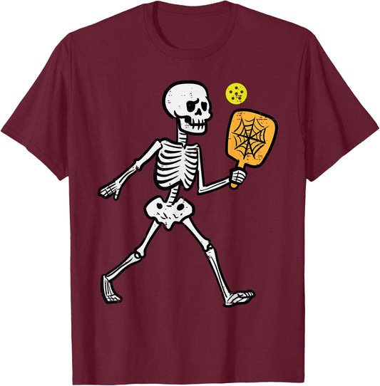 Halloween Skeleton Pickle Ball Costume Sports Women Kids Men T-Shirt - T-Shirt | Maroon