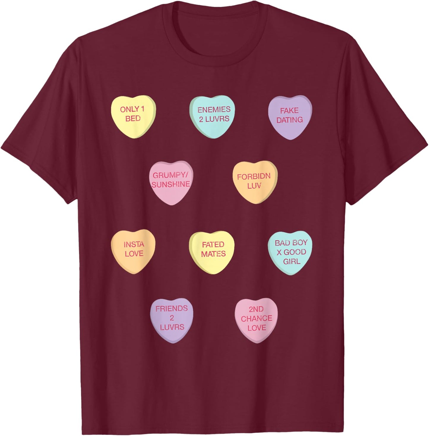 Romance Tropes Candy Valentine Hearts T-Shirt - T-Shirt | Maroon