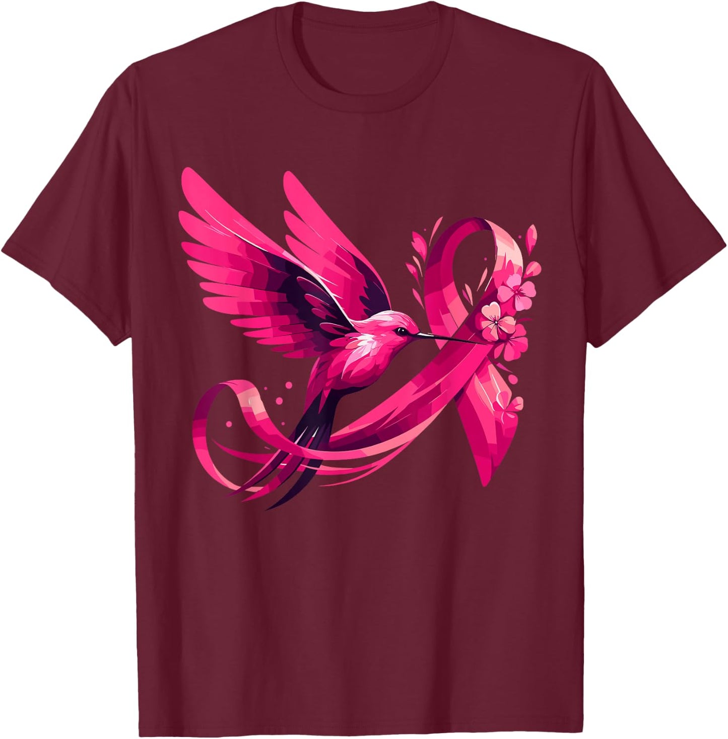 Hummingbird Flower Pink Ribbon Breast Cancer Awareness T-Shirt - T-Shirt | Maroon