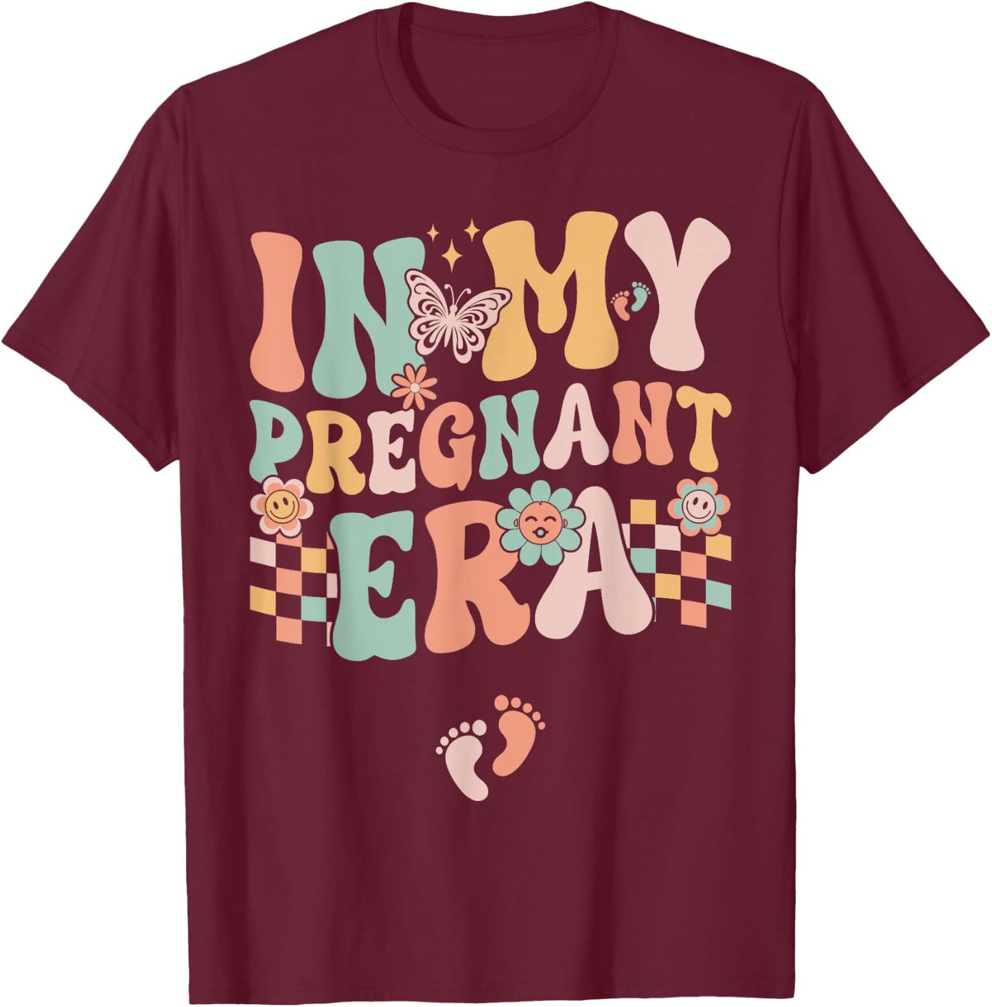 In My Pregnant Era Groovy Pregnancy Reveal T-Shirt - T-Shirt | Maroon