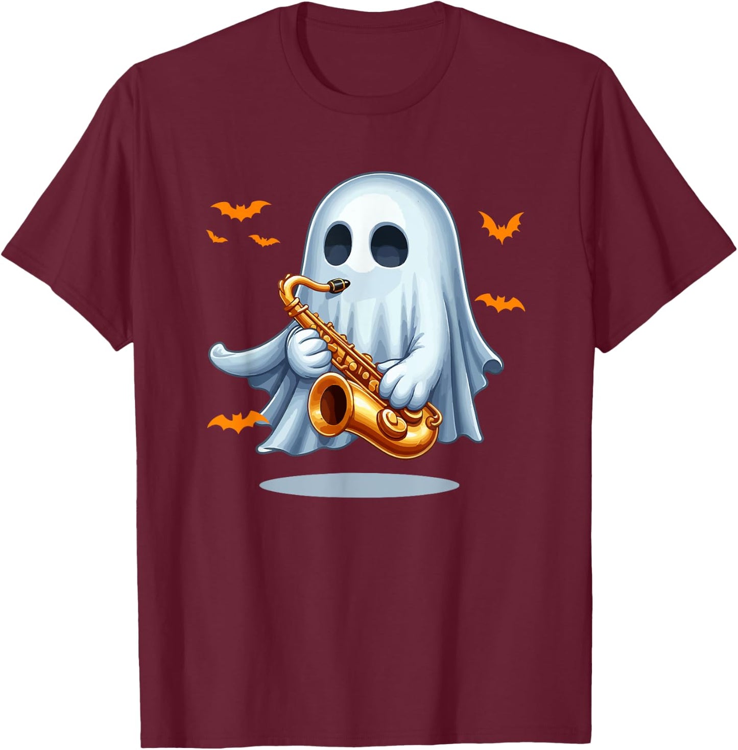 Boo Ghost Playing Saxophone Halloween Musical Instrument T-Shirt - T-Shirt | Maroon