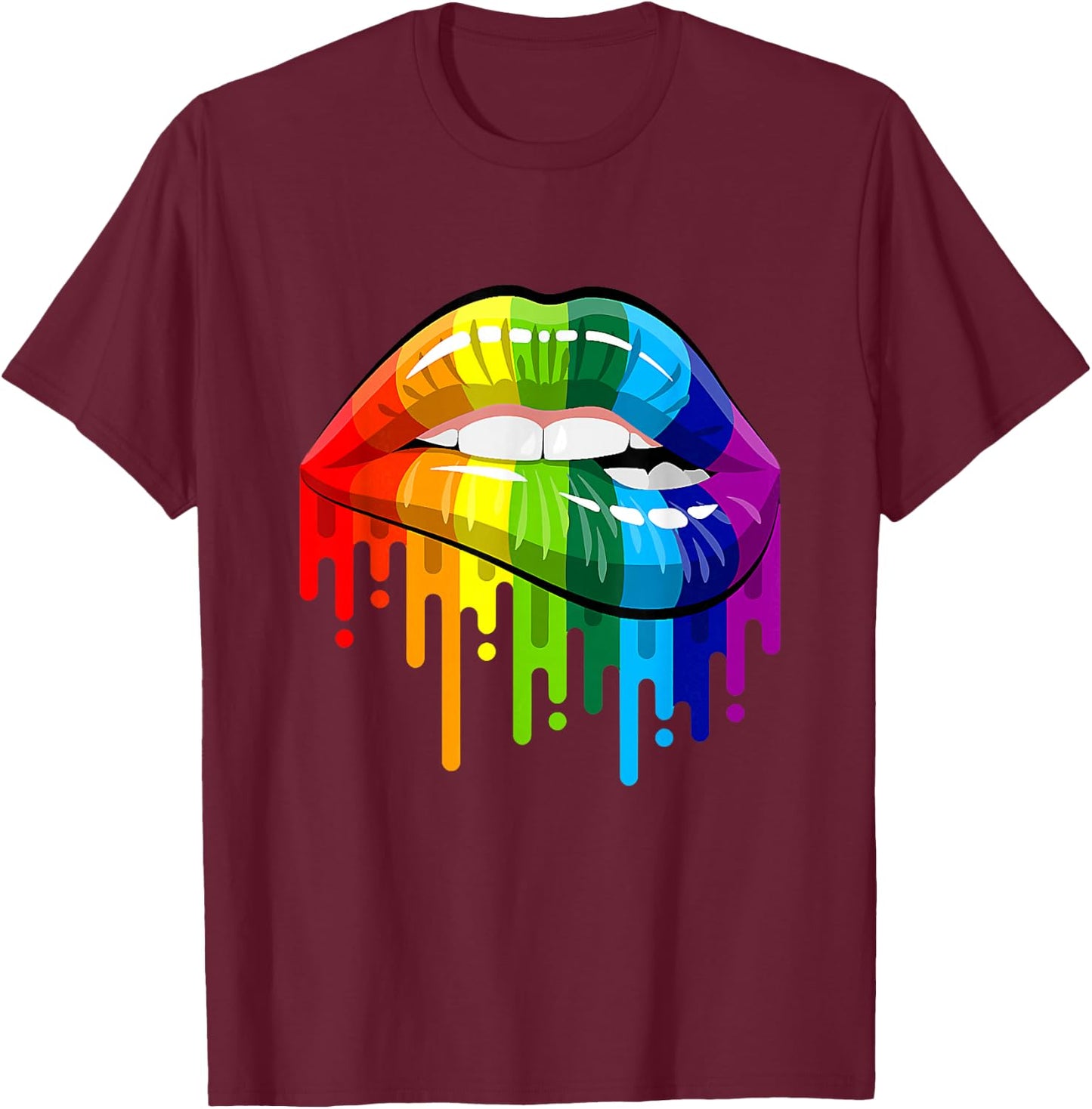 80's Sexy Colorful Graphic Lips, Women Printed Design Lips T-Shirt - T-Shirt | Maroon