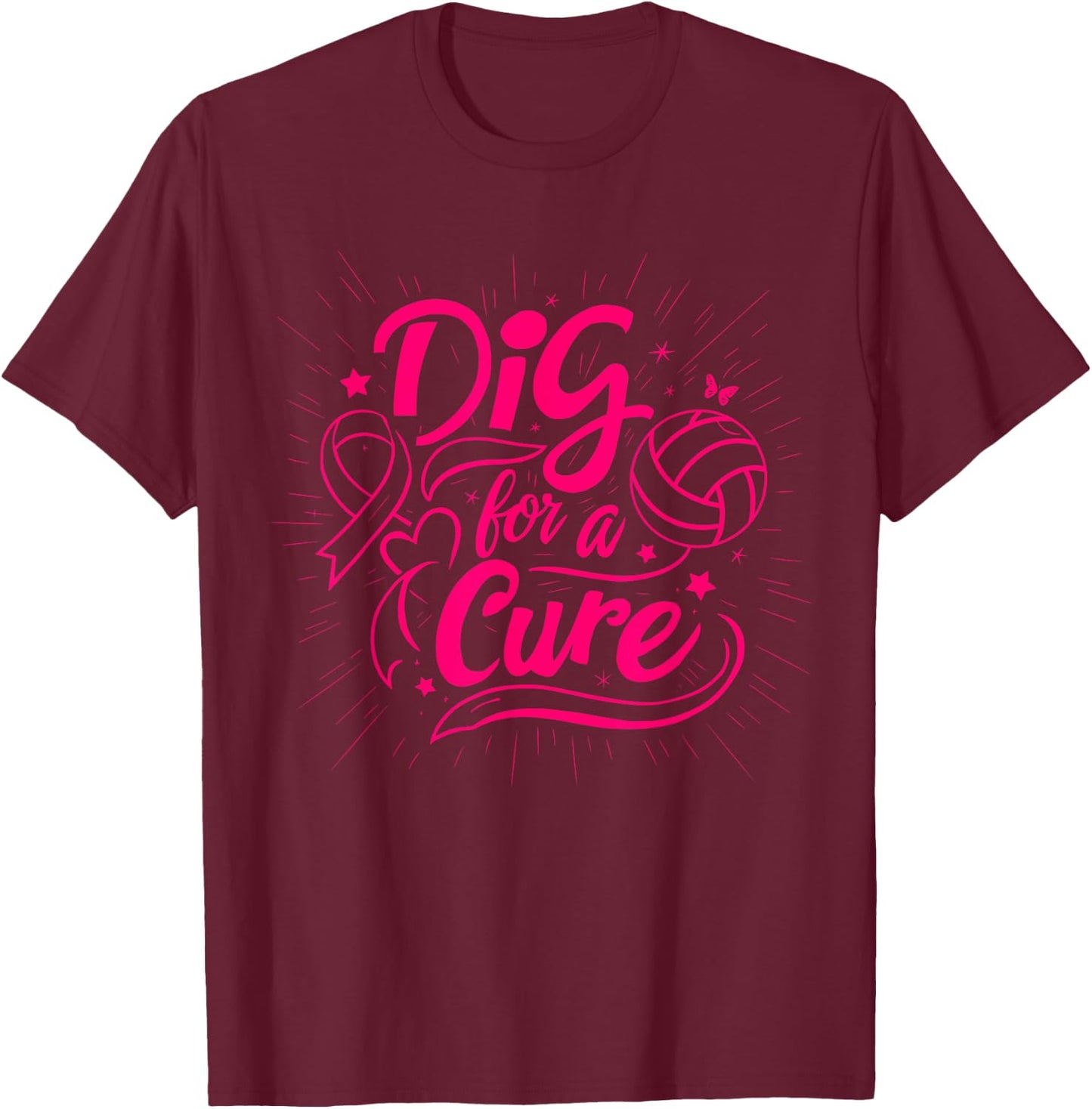 Dig For A Cure Breast Cancer Awareness Volleyball Pink T-Shirt - T-Shirt | Maroon