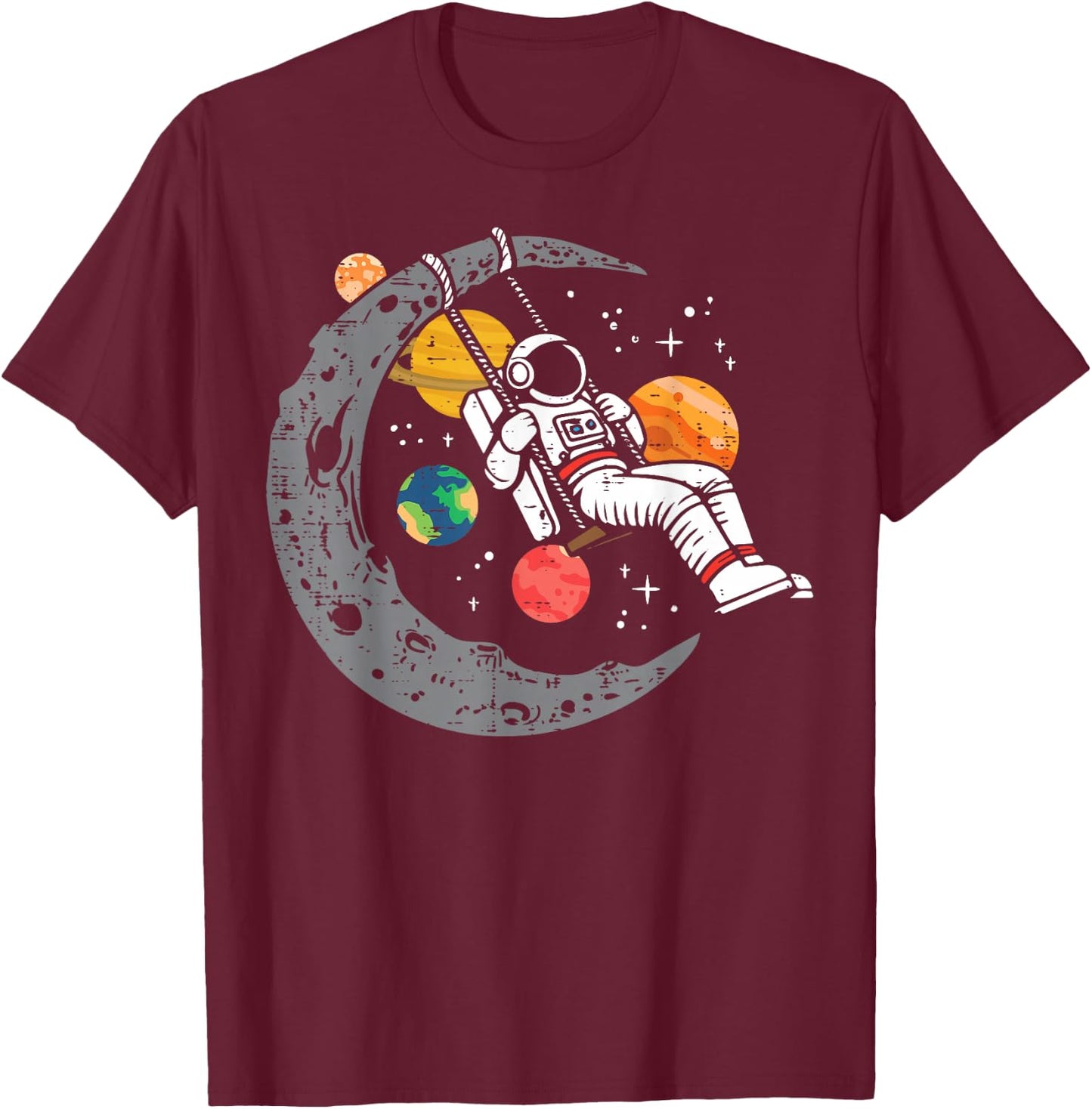 Astronaut Moon Swing Planets Space Galaxy Women Kids Men T-Shirt - T-Shirt | Maroon