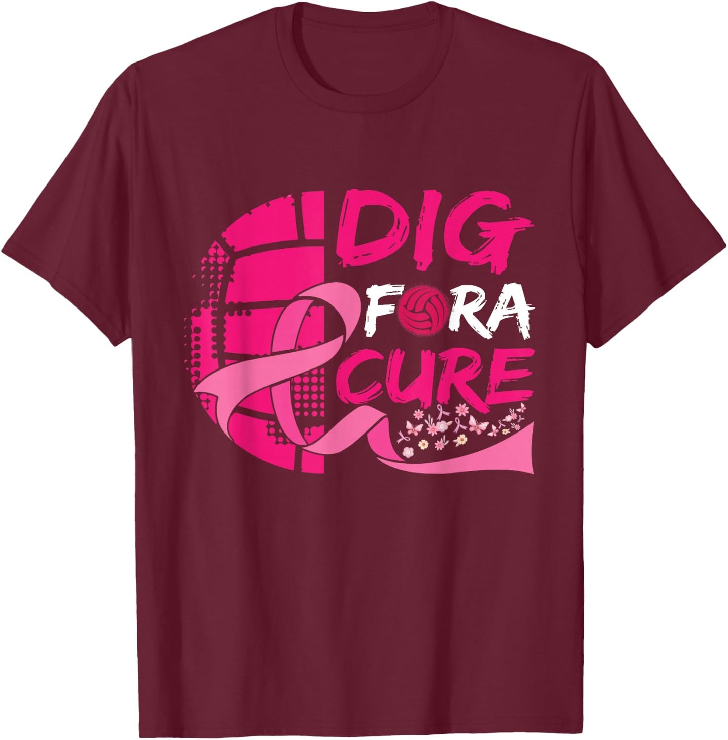 Dig For A Cure Breast Cancer Awareness Volleyball Pink T-Shirt - T-Shirt | Maroon