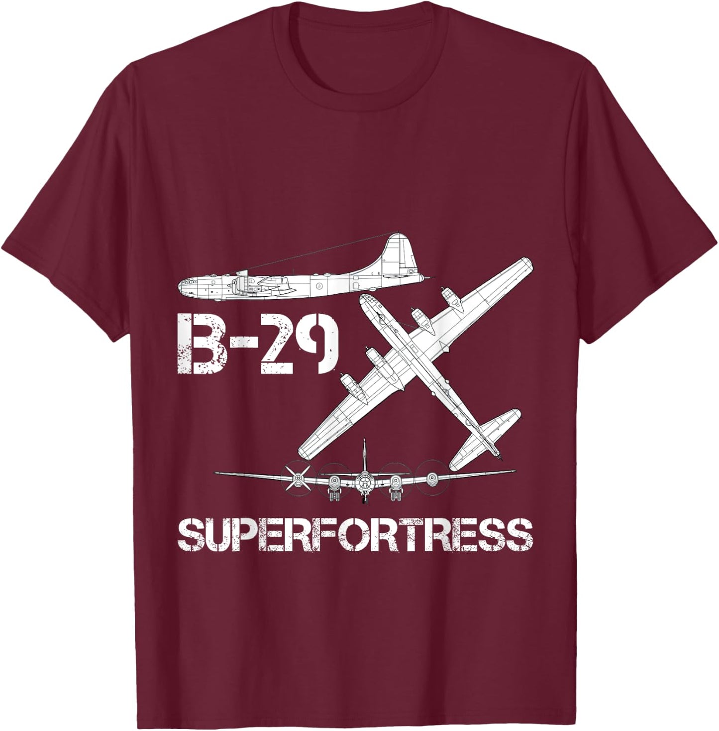 B-29 Superfortress WW2 Heavy Bomber Aircraft Blueprint T-Shirt - T-Shirt | Maroon