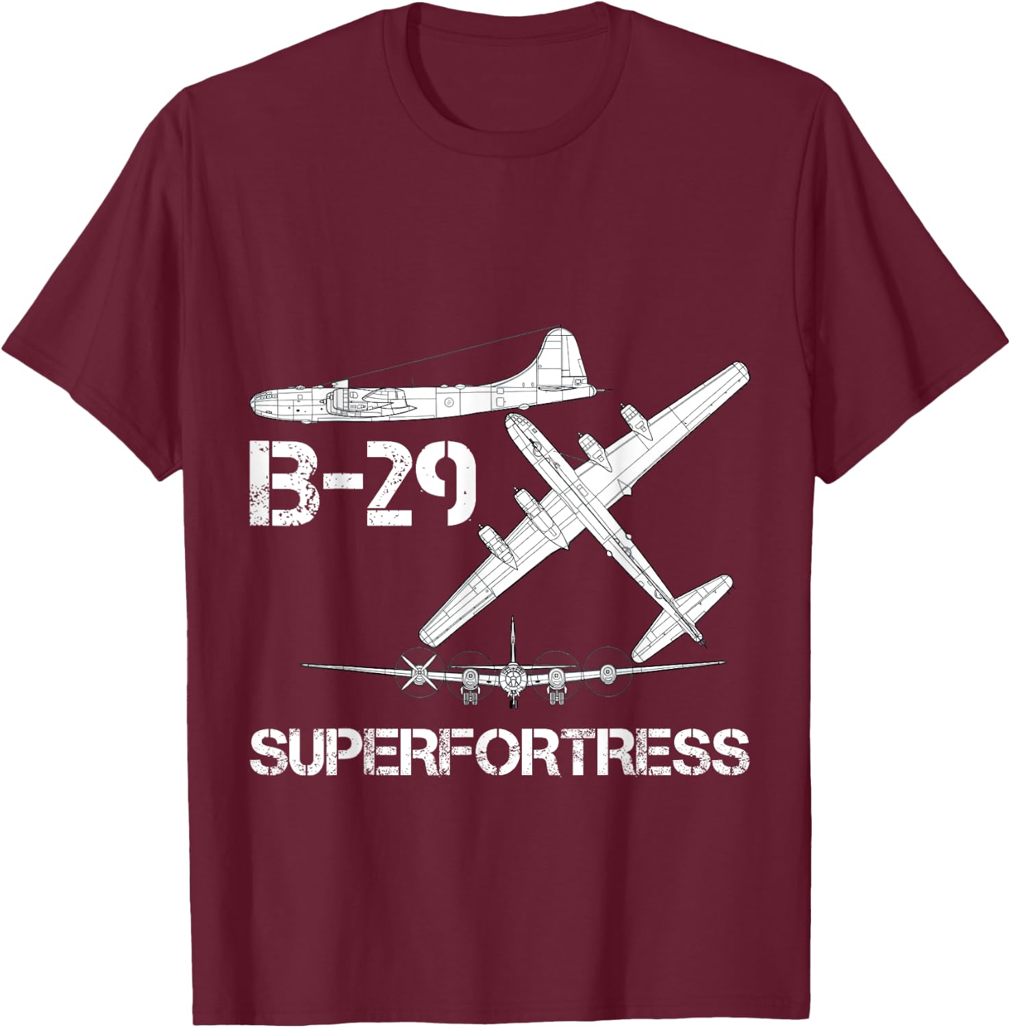 B-29 Superfortress WW2 Heavy Bomber Aircraft Blueprint T-Shirt - T-Shirt | Maroon