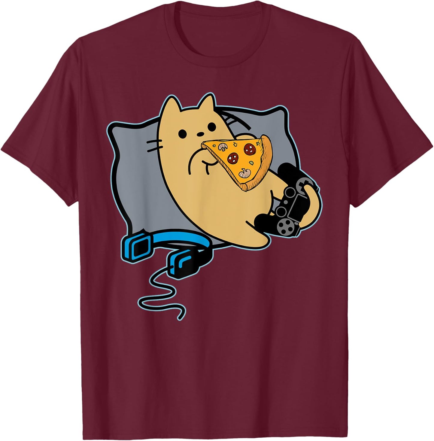 Nerdy Pizza Eating Gamer Cat Game Paused T-Shirt - T-Shirt | Maroon