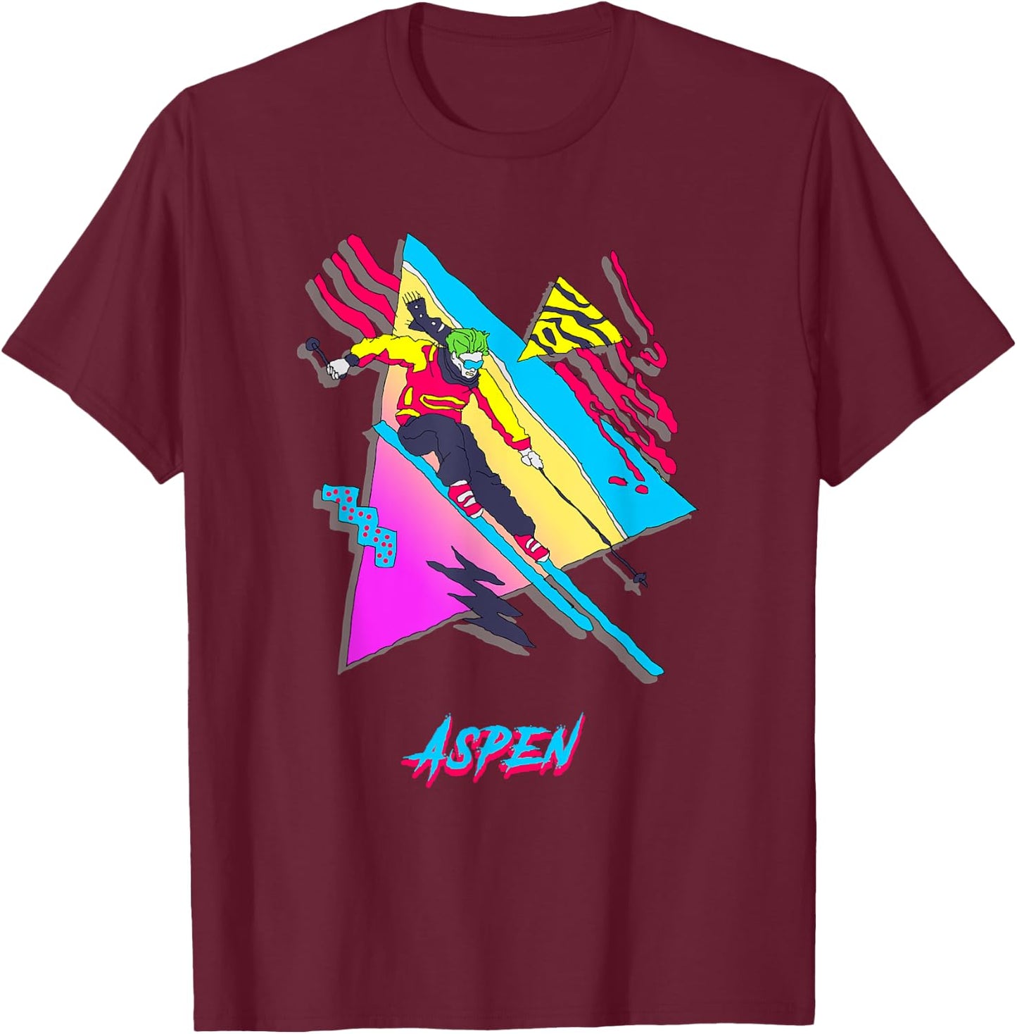 Retro Vintage 80s Skier Aspen Mountain Adventure T-Shirt - T-Shirt | Maroon