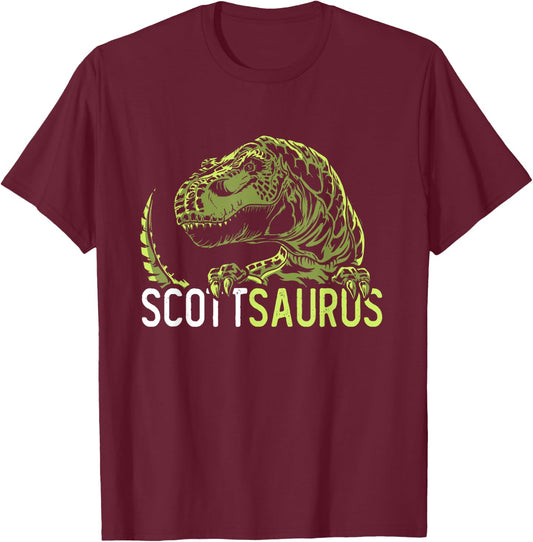 Scott Saurus Personalized Name Dinosaur T-Rex T-Shirt - T-Shirt | Maroon