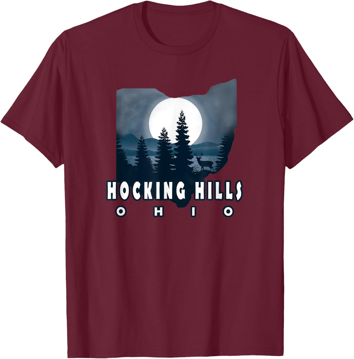 HOCKING HILLS State Park With Deer and Moon T-Shirt - T-Shirt | Maroon