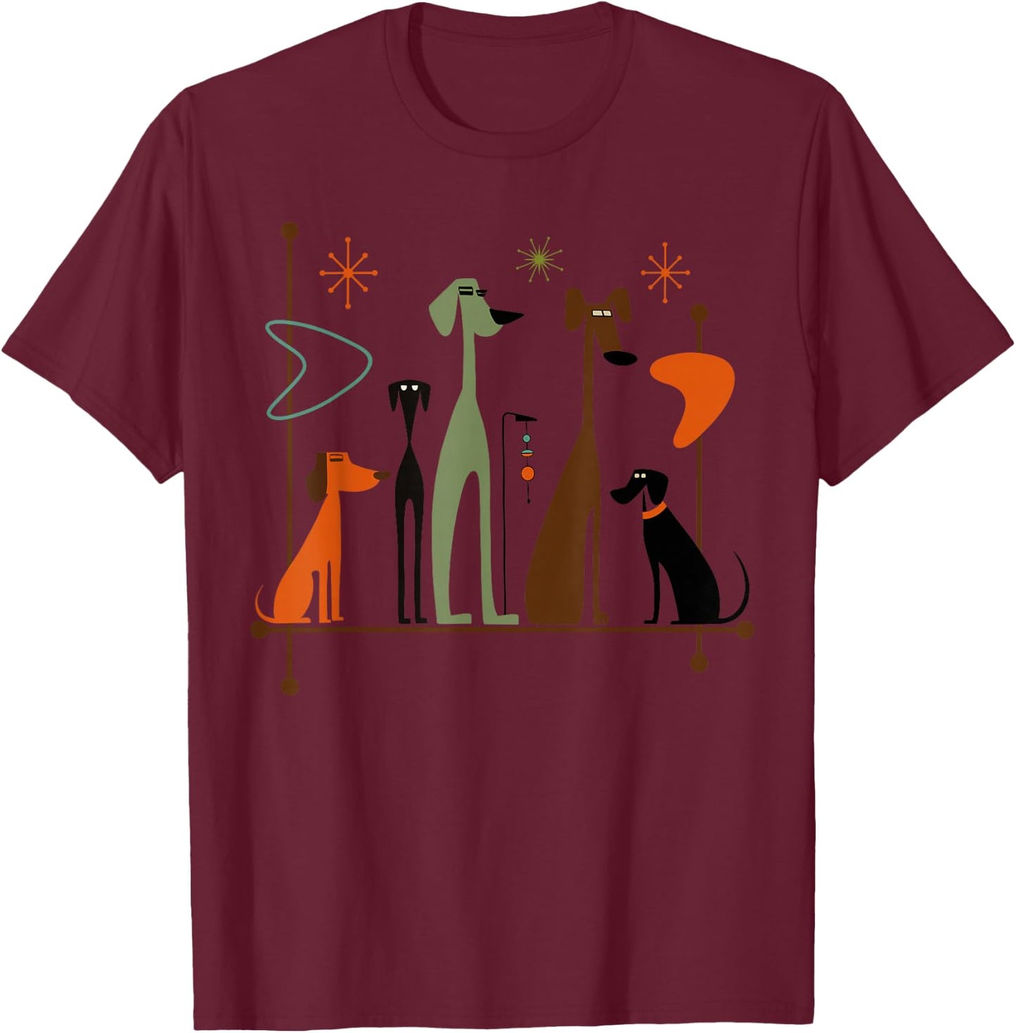 Retro Mid-Century Modern Dogs 50s 60s Style T-Shirt - T-Shirt | Maroon
